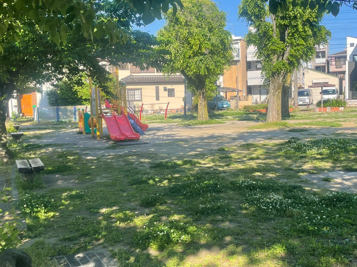 木漏れ日の中の後谷第一公園全景。広い草地と複合遊具エリアが見渡せる